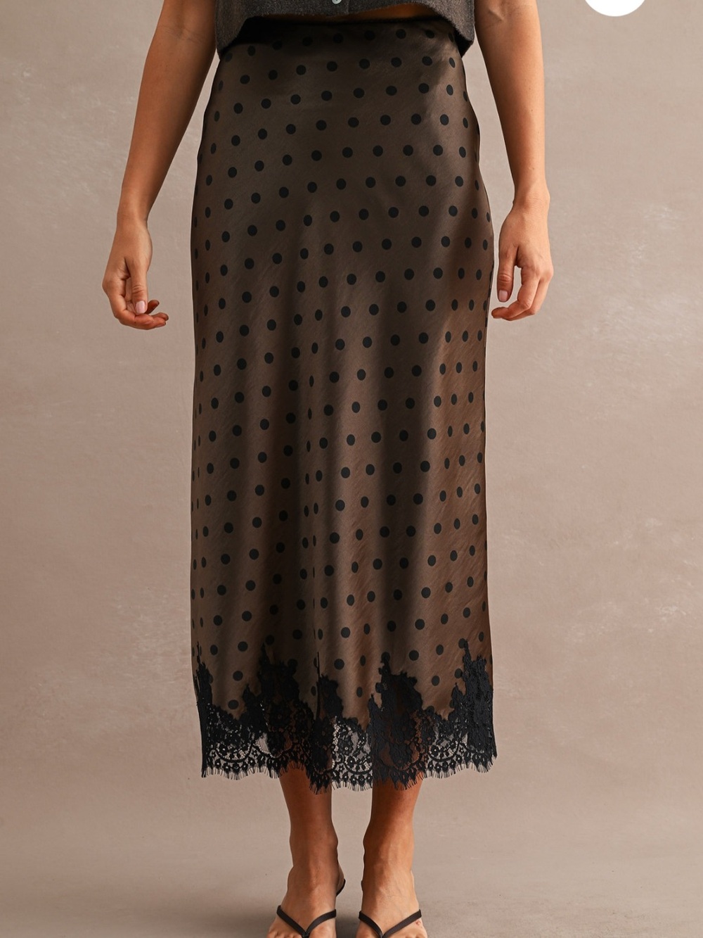 Mable Chocolate Brown Polka Dot Lace Hem Midi Skirt - Picture 3 of 6